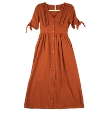 Bohemian Outsider LinenBlend Shirt Dress Orange Womens Small Lined Short Sleeve