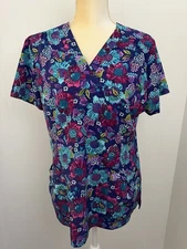 White Cross Scrub Top Medium Purple Blue Pink Floral Flowers Medical Vet Nurse