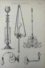 Antique 1870s Electric Lighting Print | Victorian Light Fittings | Engraving