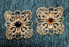 Mid Century Filigree Amber Stones Gold Tone Shoe Clips Buckles Signed Musi