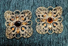 Mid Century Filigree Amber Stones Gold Tone Shoe Clips Buckles Signed Musi
