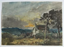 Signed Alfred Prust 1955 Watercolor Original Art Landscape Home Mountain Sunrise