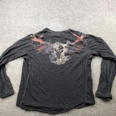 トップス Y2K 00s Henley L/S Grunge Faded Skull Y2K Henley Shirt Mens XL Charcoal Gray Henley Long Sleeve Skull