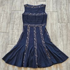 Tadashi Shoji Pintuck Jersey and Lace Dress Size S Navy Fit Flare Formal Elegant