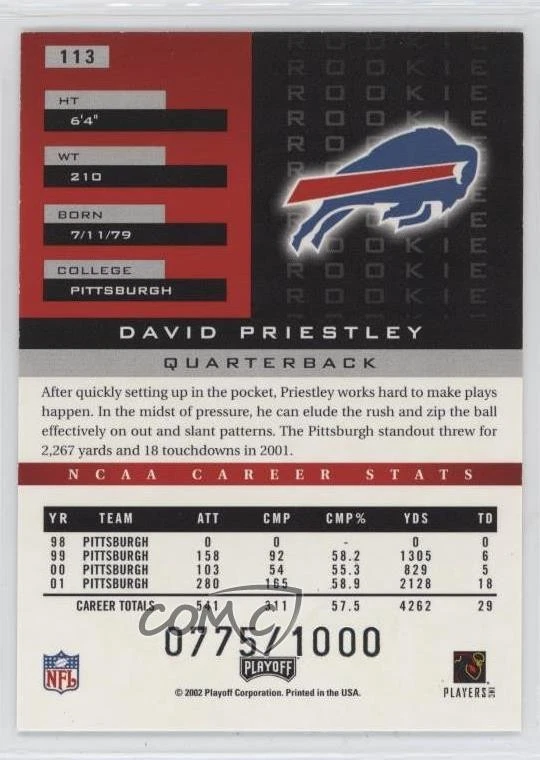 2002 Playoff Honors Rookie /1000 David Priestley David Priestly #113 Rookie RC - Image 2 of 2