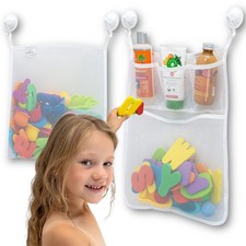 2 x Mesh Bath Toy Organizer  8 Ultra Strong Hooks   The Set of 2, White x2