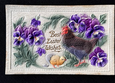 Postcard Wishes Easter Hen Chick Flowers Embossed Airbrushed 1916 Germany MAB