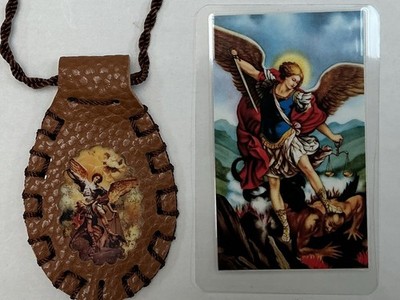 St Michale Brown Leather Scapular/Escapulario Cafe Cuero Collar San Miguel