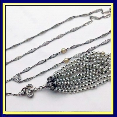Antique Belle Epoque Art Deco Necklace Tassle gold silver diamonds pearls (7700)