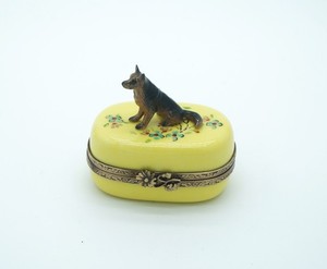 New French Limoges Trinket Box German Shepherd Dog Puppy on Beautiful Floral Box