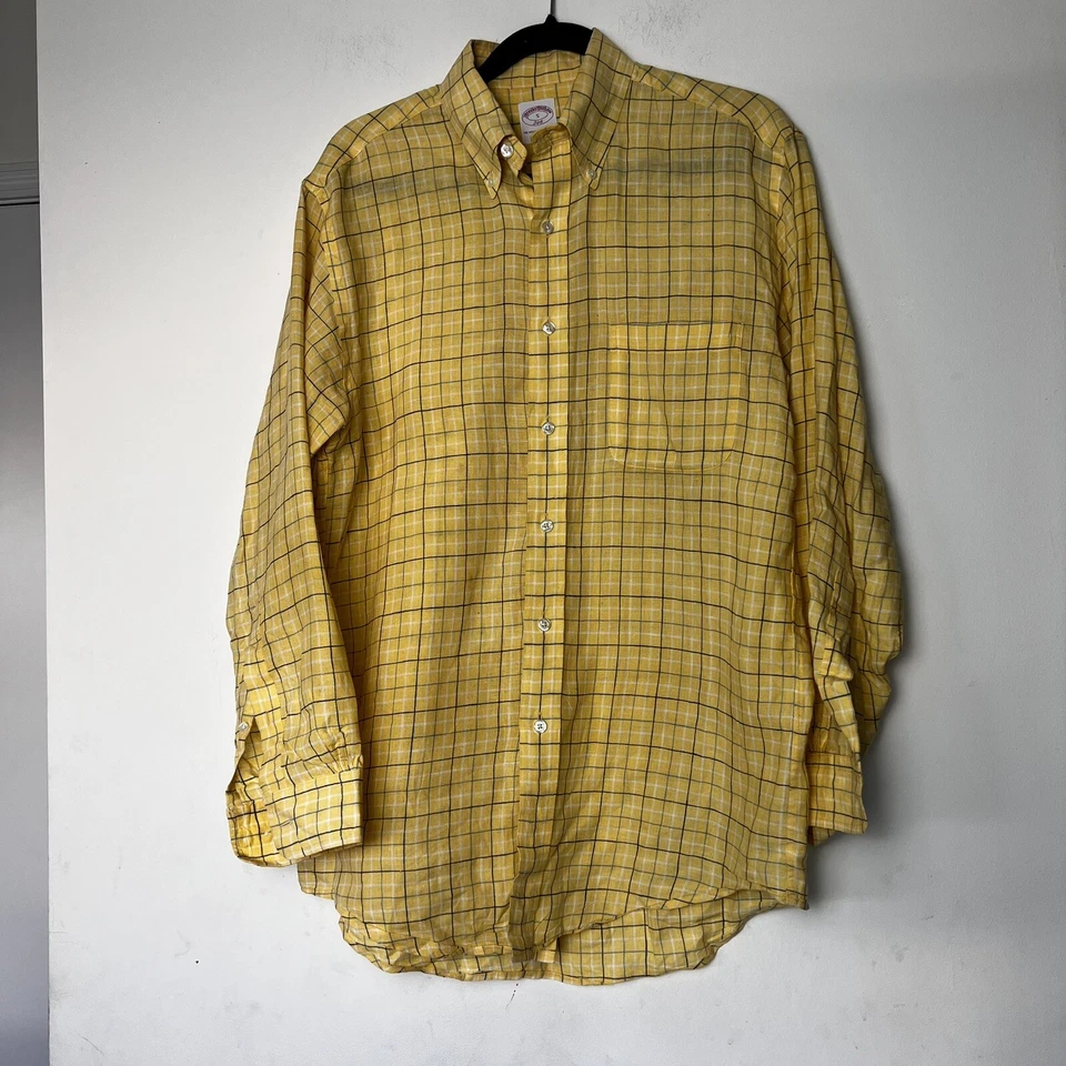 Brooks Brother 346Men Shirts  Small 100% Linen Yellow Stripe Button Long Sleeve  - Image 3 of 4