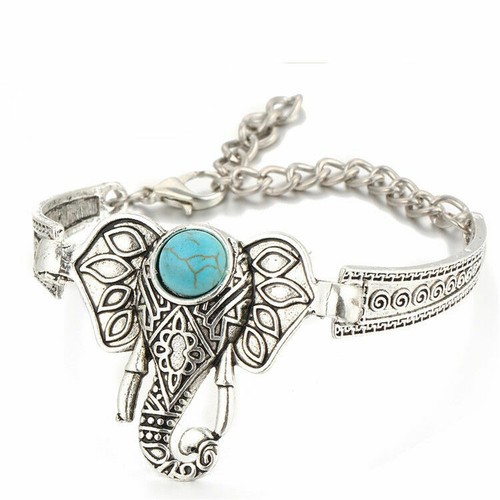 Tibetan Turquoise Elephant Jewellery Pattern Gift Silver Bangle Boho Bracelet - Picture 5 of 12