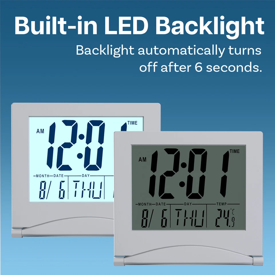 Orologio Digitale LCD da Viaggio Pieghevole con Retroilluminazione - Argento - Immagine 2 di 4