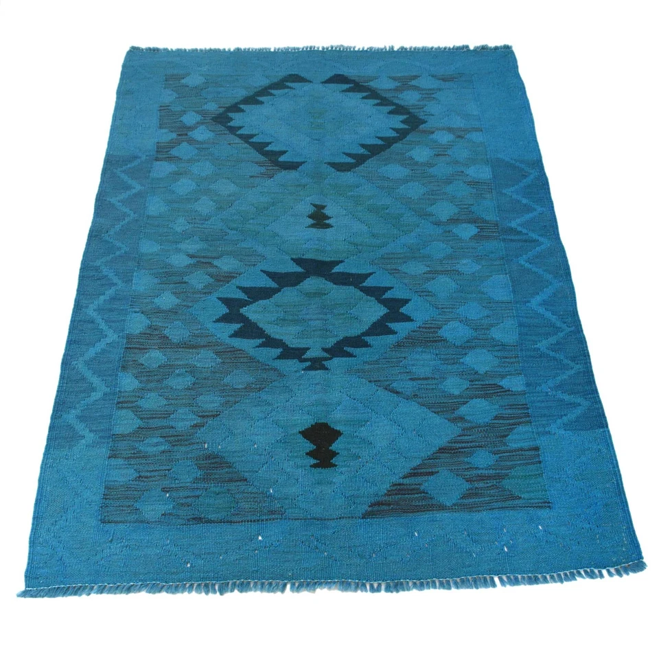 Nueva alfombra de lana oriental hecha a mano color azul Kilim teñida alfombra de 3'4x4'6 pies B29198 Foto 2 de 4