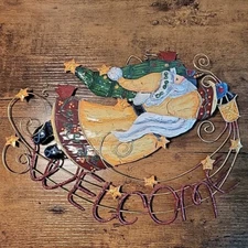 Santa Claus Welcome sign wall decor christmas tree World Robe Whimsical Tin 12"