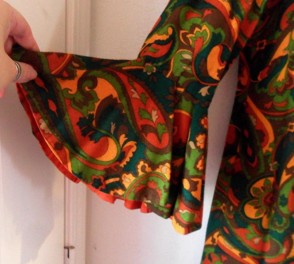 VESTIDO Genuino Vintage Años 60-70 Mod Londres Flores Psicodélicas, Cintura Imperio M-L Foto 3 de 4