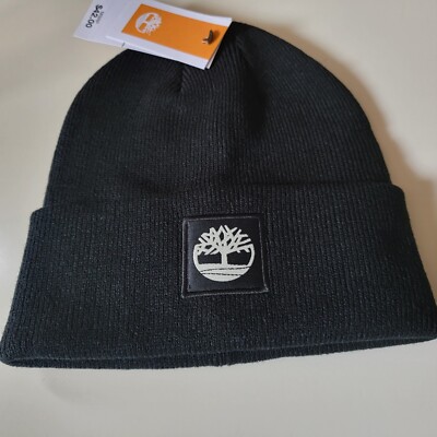 TIMBERLAND Contrast Tree Patch Embroidered Knit Beanie Hat Black One Size 