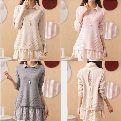 Women Floral Lace Trim Blouse Knitted 