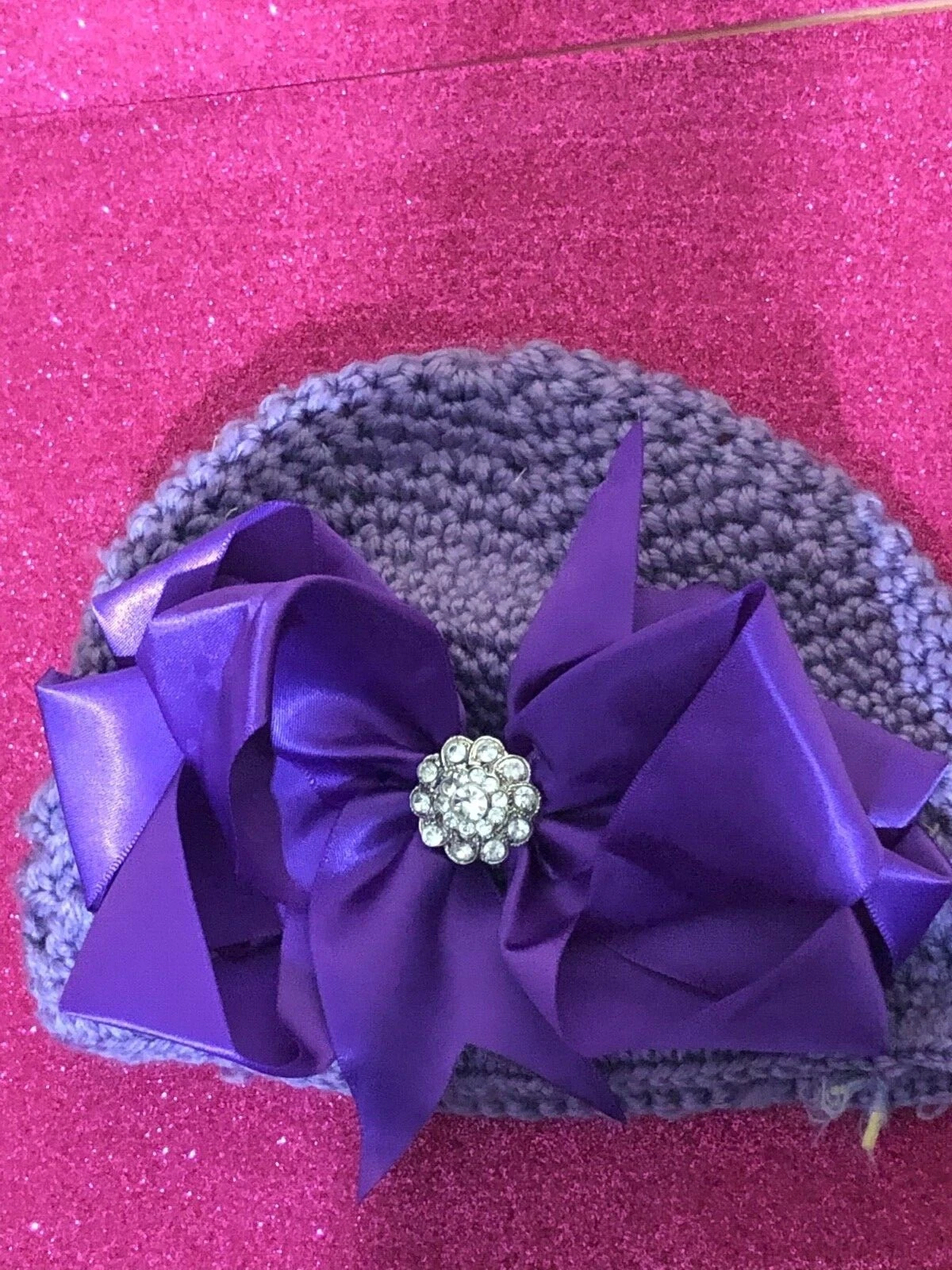 Baby Infant crochet beanie with bow and diamond flower purple