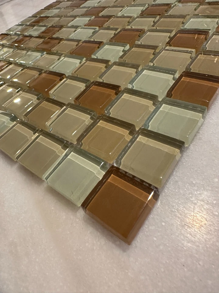 Light Beige Mix Glossy Glass Mosaic 1"x1" Stacked Mesh Mounted - Image 4 of 4