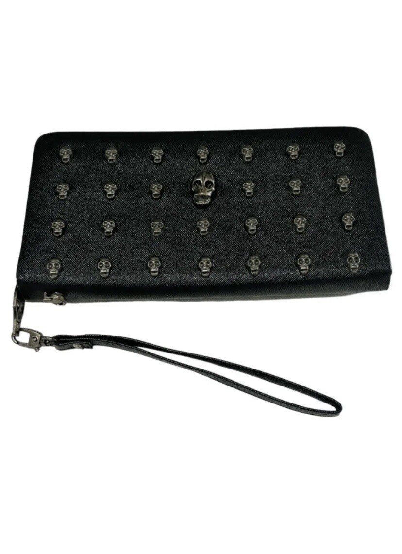 THOMAS WYLDE Metal Skull Black Vegan Leather Wristlet Zip Around