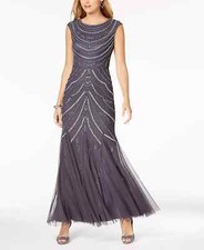 NWT 359 Adrianna Papell Beaded Mesh Gown in Gunmetal 14