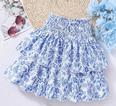New Boutique Blue Skirt Floral Ruffles Girls Sz 5-6 Smocked Elastic School #270