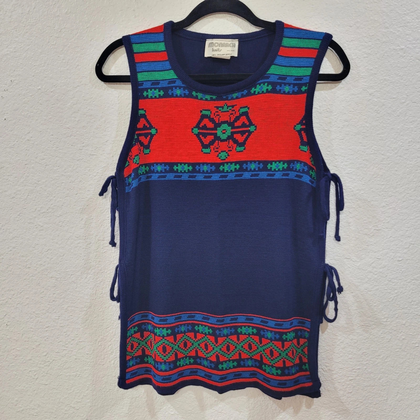 Vtg 70s Poncho Sweater Vest Women O/S Knit Aztec Boho Southwestern Rodeo Retro