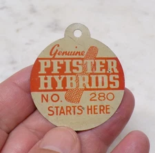 Genuine Pfister Hybrids #280 Starts Here Metal Seed Corn Feed Sack Tag ILLINOIS