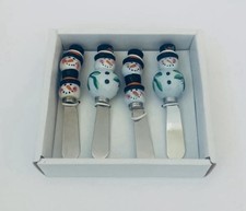 Set Of 4 Christmas Snowman Cheese Spreaders Ceramic Handles Stainless Blades