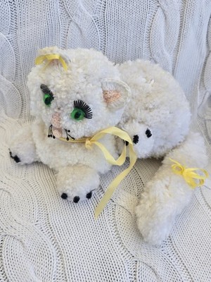 Vintage Handmade Crochet White Cat Plush Green Eyes Yarn Stuffed Toy Folk Art