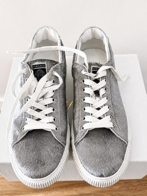 Versace Greca Silver White Leather Logo Lace Up Men's Size 10 Casual Sneakers