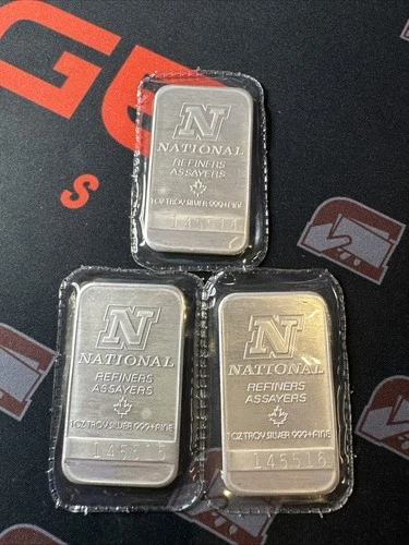 (3) Bar Lot Vintage 1 Troy Oz .999 Fine Silver National Refiners Sequential #’s