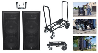 (2) JBL Pro JRX225 2000 Watt Dual 15'' Inch 2-Way DJ P/A Passive Speakers+Cart