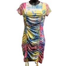 Fashion Nova Tie Dye Mini Dress Womens M Ruched Bodycon Vacay Sexy Stretch Dress