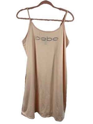 Vtg Bebe Y2K Pink Rhinestone Logo Slip Cami Dress L McBling Coquette Mean Girls