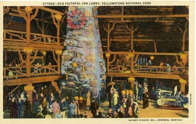 WY, Wyoming  OLD FAITHFULL INN~Crowd in Lobby YELLOWSTONE PARK  c1940's Postcard