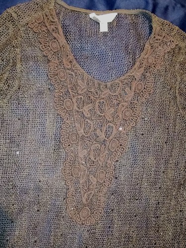 Krazy Kat Brown Crochet Net Lacy Top Long Sleeve XL Sequins Cracker Barrel EUC - Picture 6 of 21