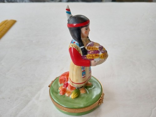 ARTORIA LIMOGES France THANKSGIVING HARVEST INDIAN WOMAN Trinket Box PEINT MAIN - Picture 4 of 24