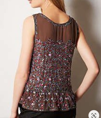 Anthro Carnation Lilly Lilly Rose Brown Red Sequin Beaded Shell Top Size L Large