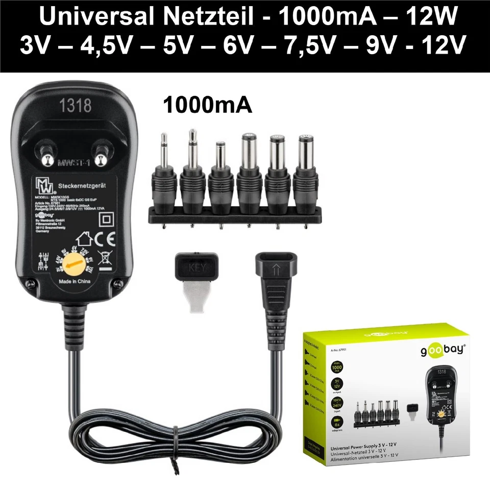 Universal Netzteil 3- 12V umschaltbar 600mA-1000mA-1500mA mit 6 Adapterstecker - Bild 3 von 4