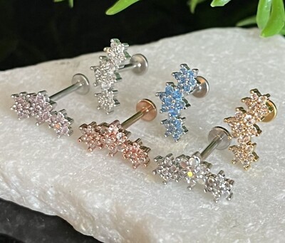 1pc Triple Gem Flowers 16g Labret Internally Threaded Steel Monroe Tragus Helix