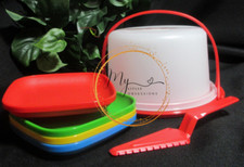 New Tupperware Kids Play Cake Taker Carrier, Plates Mini Server, Red Primary