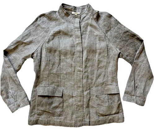 Eileen Fisher, Eileen Fisher Linen Jacket Beige Button Down Mandarin Collar Safari Sz Medium
