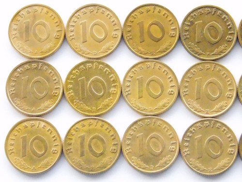 GERMAN Coin 20x 10 REICHSPFENNIG 1937 - 1939 Brass SWASTIKA 3RD WW2 Collection - Picture 6 of 7