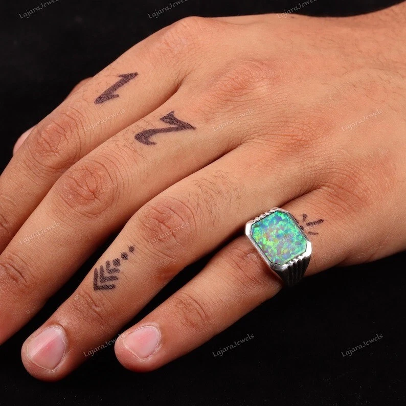 Anillo de ópalo de fuego arco iris de plata de ley 925 anillo para hombre anillo de sello para hombre regalos Foto 3 de 4
