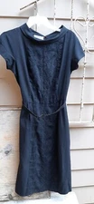 Vtg 60s Nelly Don Dress Black W/ Embroidered Black Floral 9in Panel Front  8/10?