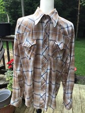 Vintage Bronco Plaid Button Down L/S Western Shirt Tan Size Large