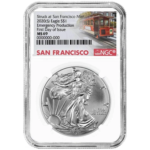 2020 (S) $1 American Silver Eagle NGC MS69 Emergency Production FDI Trolley L...