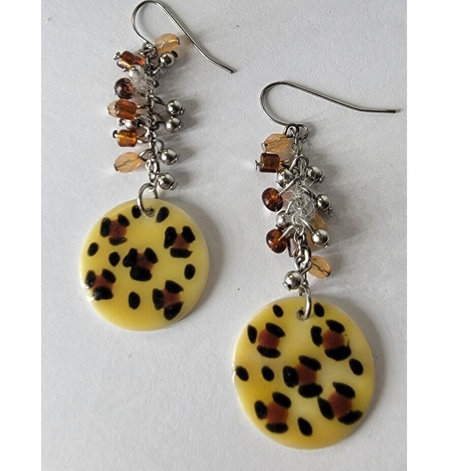 Vintage Leopard Print Shell Disc Dangle Earrings - image 1